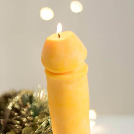 Godemiche Silicone Soy Wax Play Candles Adam 6 inch Yellow Candle Light Twinkly Lights Chrtistmas Reaf