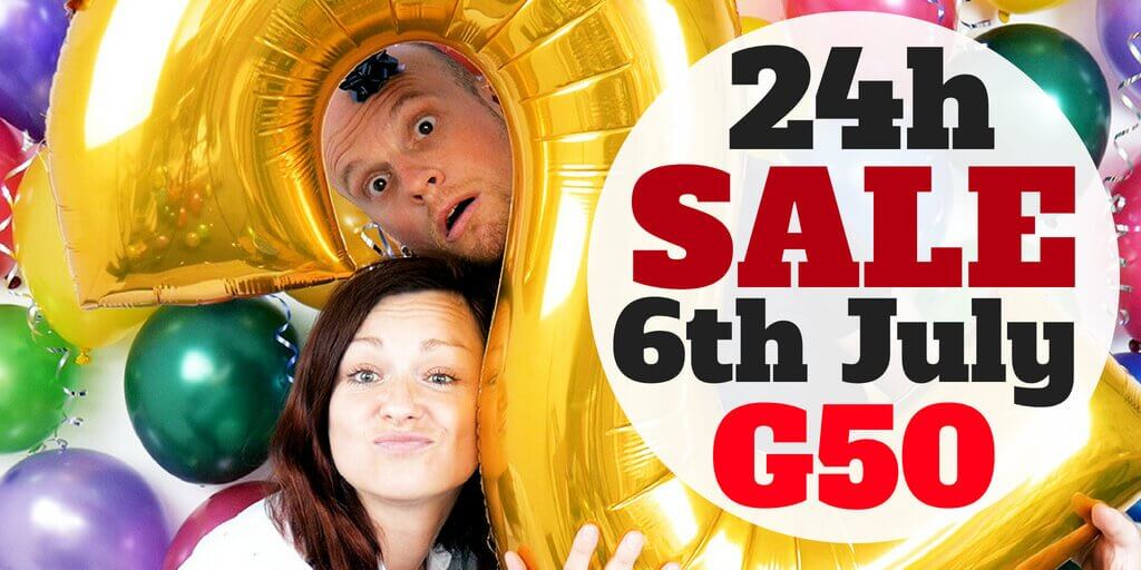 Adam and Monika with a gold number 2 balloon and the words 24h sale 6th July G50