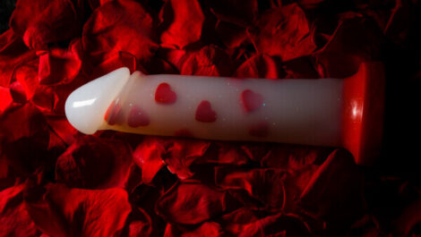 Godemiche Silicone Dildo Adam Red Heart Valentines Red Rose Petals