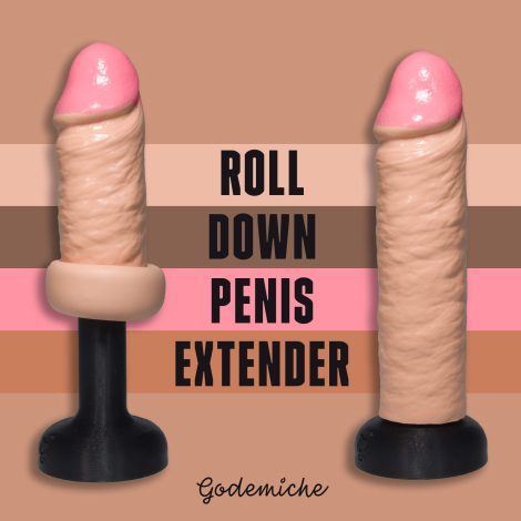 2 Godemiche Silicone Penis extender with circumcised head.. One rolled down and the other half rolled down to show how it works. They are both a cream colour and on a pinky striped back ground