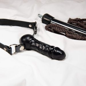 Penis Gag Black On Bed With Bondage Rope and Spreader Bar-2